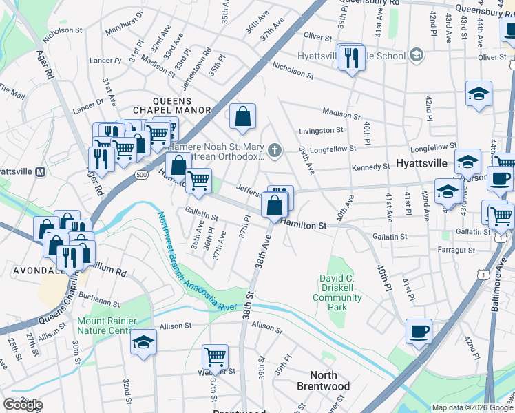 map of restaurants, bars, coffee shops, grocery stores, and more near 3704 Hamilton Street in Hyattsville