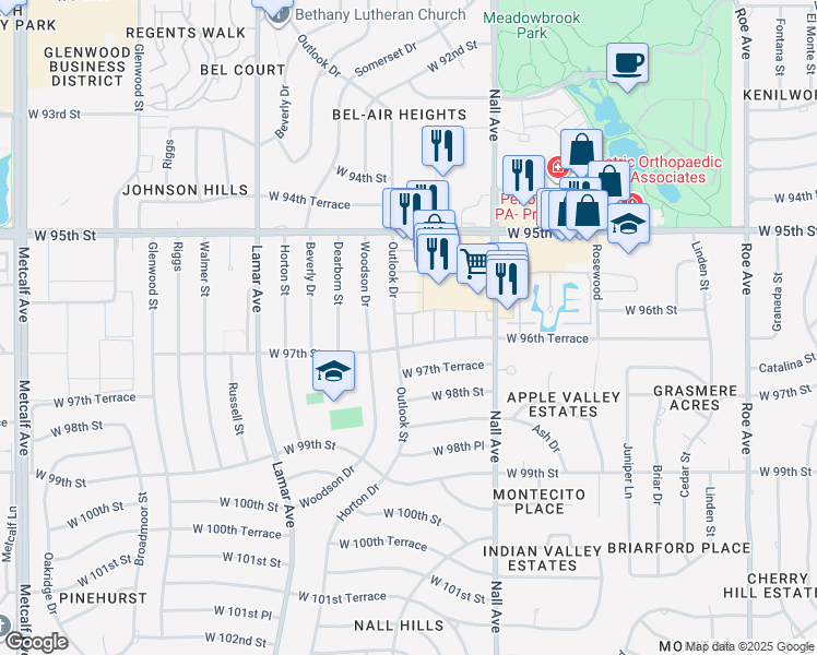 map of restaurants, bars, coffee shops, grocery stores, and more near 9638 Outlook Drive in Overland Park