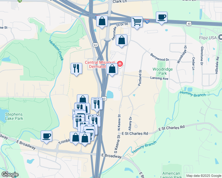 map of restaurants, bars, coffee shops, grocery stores, and more near 3102 Keene Court in Columbia