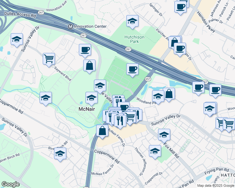 map of restaurants, bars, coffee shops, grocery stores, and more near 2351 Field Point Road in Herndon
