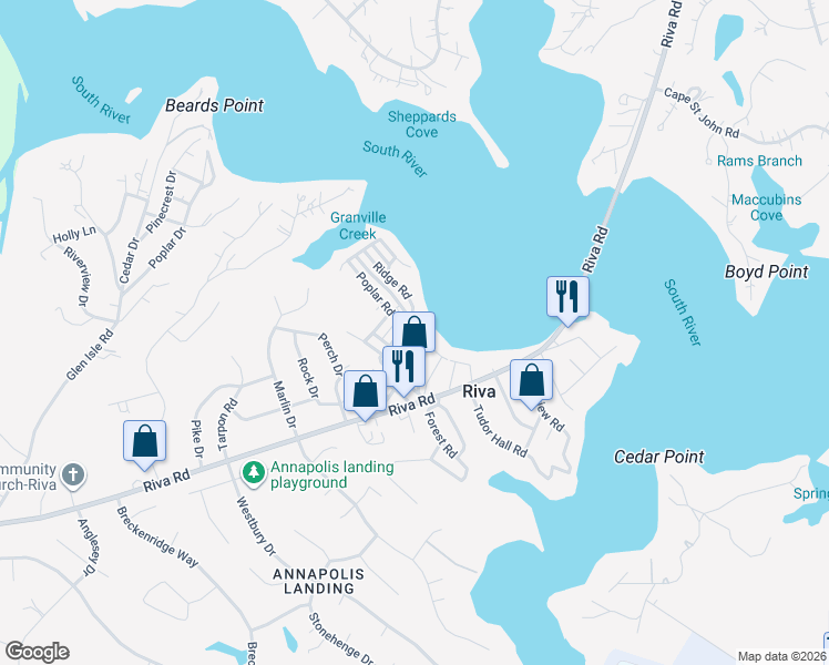 map of restaurants, bars, coffee shops, grocery stores, and more near 21 Elm Road in Riva