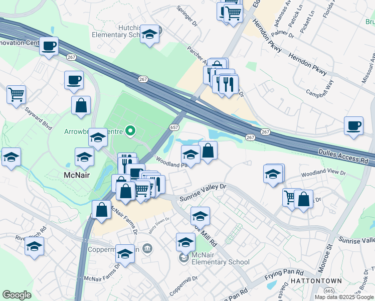map of restaurants, bars, coffee shops, grocery stores, and more near Woodland Pond Place in Herndon