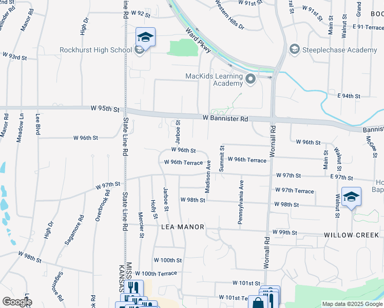 map of restaurants, bars, coffee shops, grocery stores, and more near 904 West 96th Terrace in Kansas City