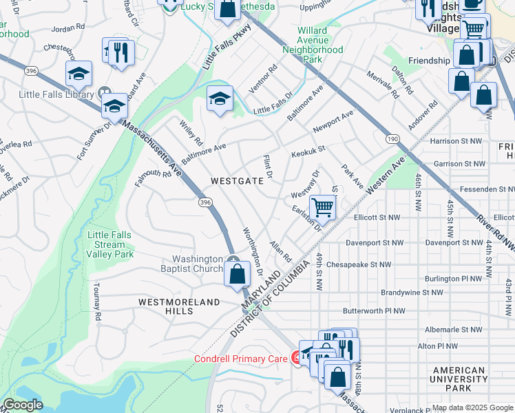 map of restaurants, bars, coffee shops, grocery stores, and more near 5009 Allan Road in Bethesda