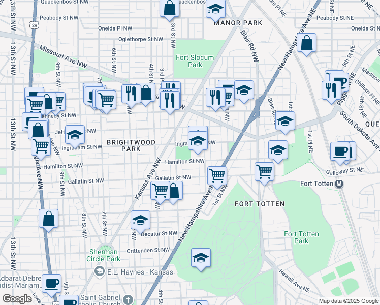 map of restaurants, bars, coffee shops, grocery stores, and more near 5210 2nd Street Northwest in Washington