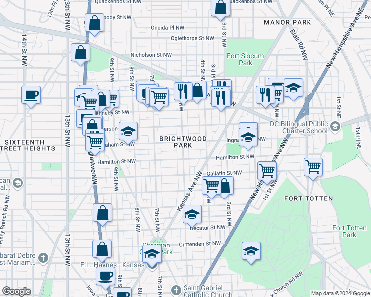 map of restaurants, bars, coffee shops, grocery stores, and more near 5227 5th Street Northwest in Washington