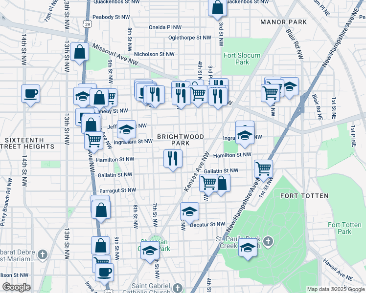 map of restaurants, bars, coffee shops, grocery stores, and more near 5227 5th Street Northwest in Washington
