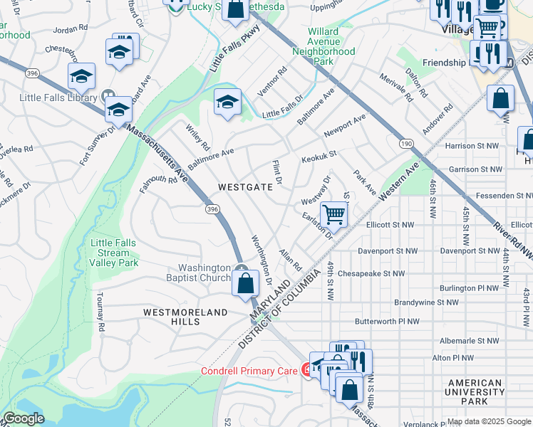 map of restaurants, bars, coffee shops, grocery stores, and more near 5009 Allan Road in Bethesda