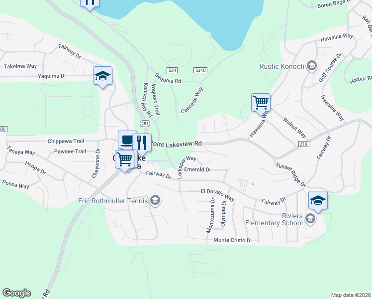 map of restaurants, bars, coffee shops, grocery stores, and more near 5073 Larkspur Way in Kelseyville