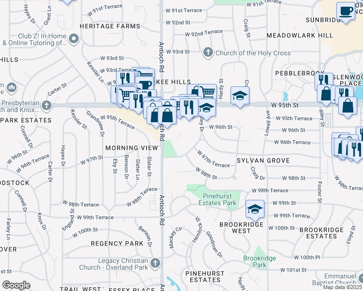 map of restaurants, bars, coffee shops, grocery stores, and more near 8675 West 96th Street in Overland Park