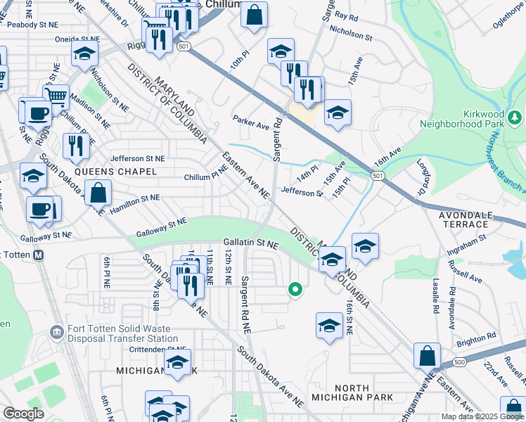 map of restaurants, bars, coffee shops, grocery stores, and more near 5120 Sargent Road Northeast in Washington