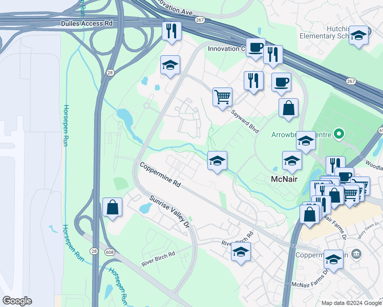 map of restaurants, bars, coffee shops, grocery stores, and more near 2452 Acorn Hollow Lane in Herndon