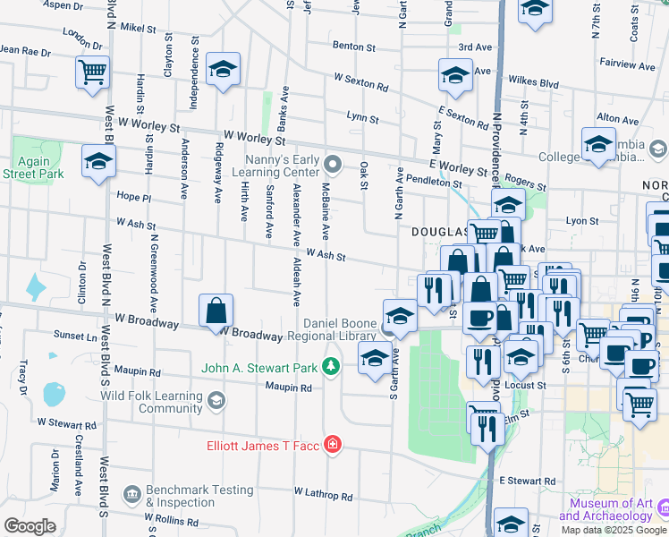 map of restaurants, bars, coffee shops, grocery stores, and more near 202 West Ash Street in Columbia