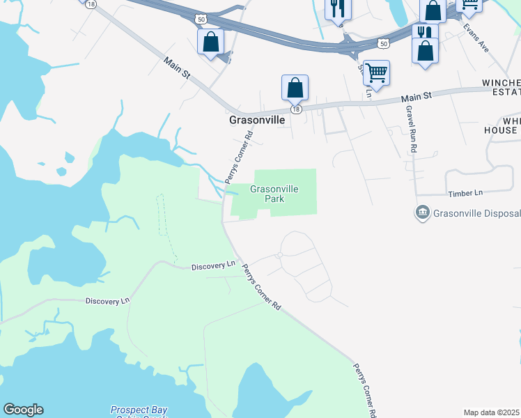 map of restaurants, bars, coffee shops, grocery stores, and more near 128 Malone Lane in Grasonville