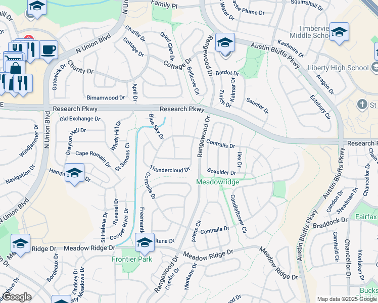 map of restaurants, bars, coffee shops, grocery stores, and more near 4020 Thundercloud Drive in Colorado Springs