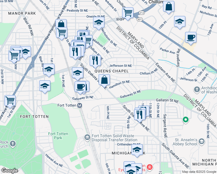 map of restaurants, bars, coffee shops, grocery stores, and more near 500 Hamilton Street Northeast in Washington