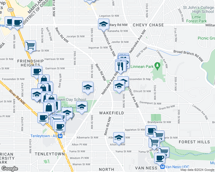 map of restaurants, bars, coffee shops, grocery stores, and more near Nebraska Avenue Northwest & Reno Road Northwest in Washington