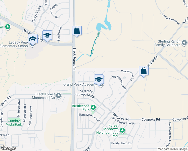 map of restaurants, bars, coffee shops, grocery stores, and more near 8685 Vanderwood Road in Colorado Springs