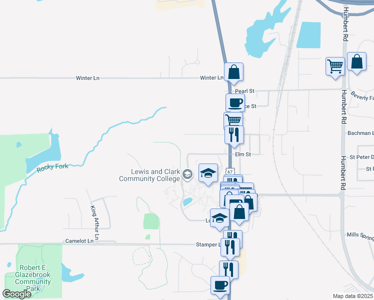map of restaurants, bars, coffee shops, grocery stores, and more near Lccc Road in Godfrey