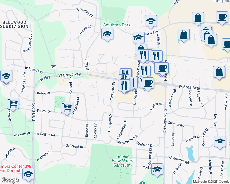 map of restaurants, bars, coffee shops, grocery stores, and more near 102 Yorkshire Drive in Columbia