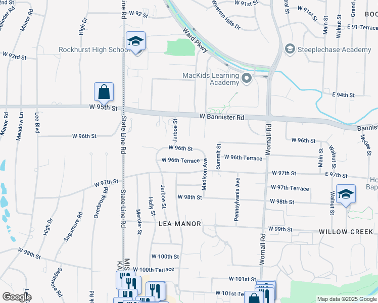 map of restaurants, bars, coffee shops, grocery stores, and more near 904 West 96th Terrace in Kansas City