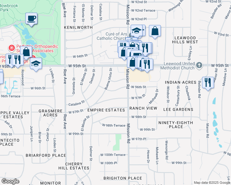 map of restaurants, bars, coffee shops, grocery stores, and more near 4010 West 97th Street in Overland Park