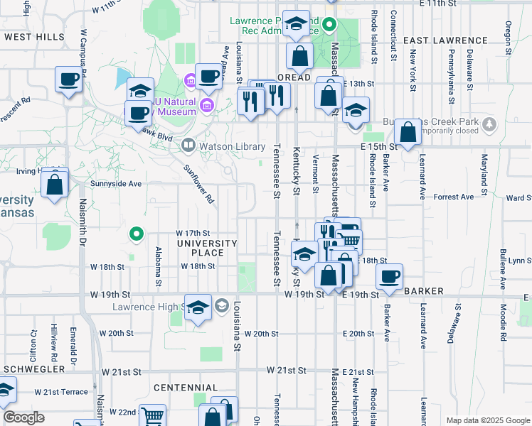 map of restaurants, bars, coffee shops, grocery stores, and more near 1703 Tennessee Street in Lawrence