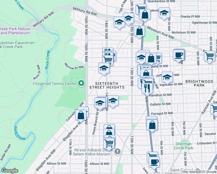 map of restaurants, bars, coffee shops, grocery stores, and more near 5245 14th Street Northwest in Washington