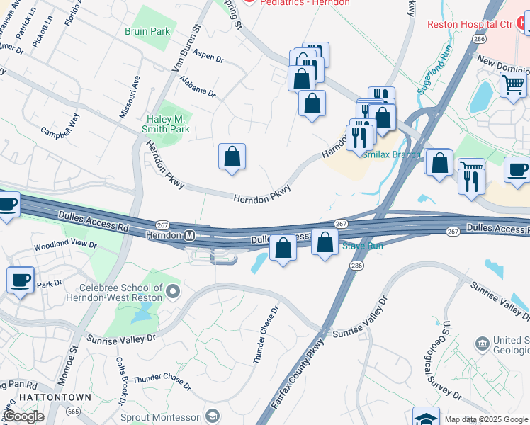 map of restaurants, bars, coffee shops, grocery stores, and more near 535 Herndon Parkway in Herndon