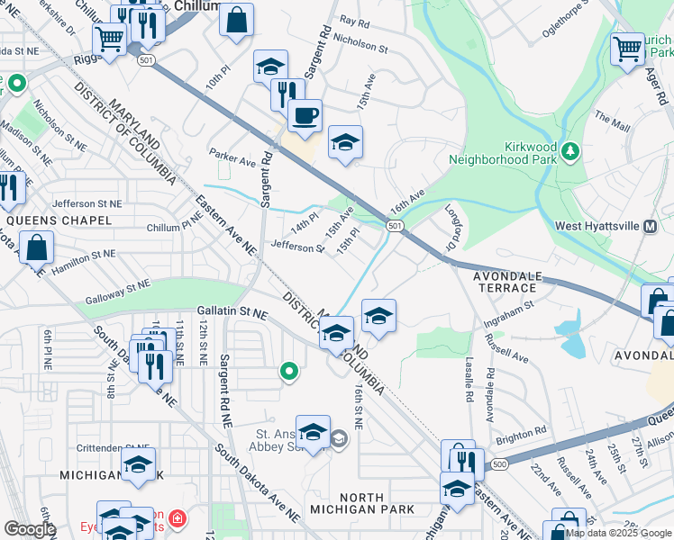 map of restaurants, bars, coffee shops, grocery stores, and more near 1511 Jefferson Street in Hyattsville