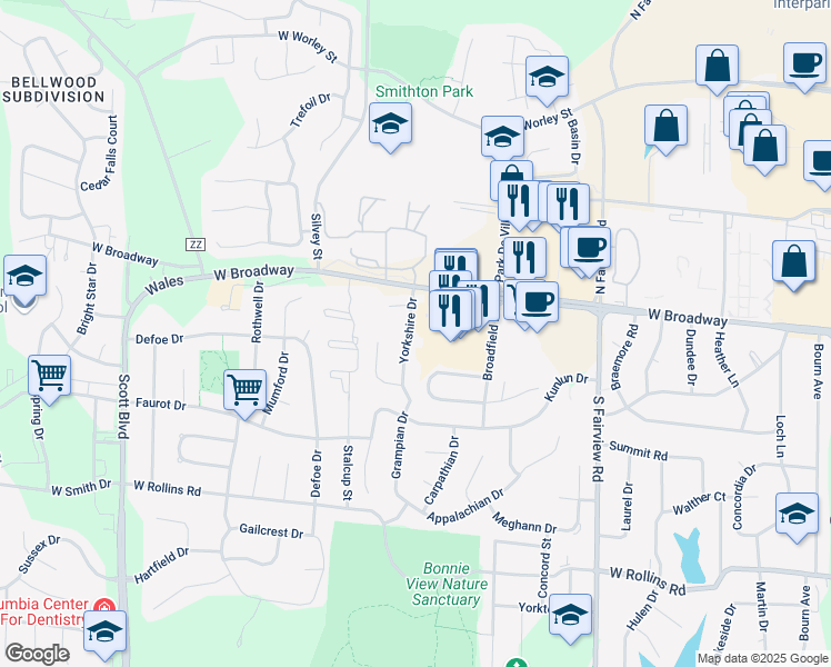 map of restaurants, bars, coffee shops, grocery stores, and more near 20 Yorkshire Drive in Columbia