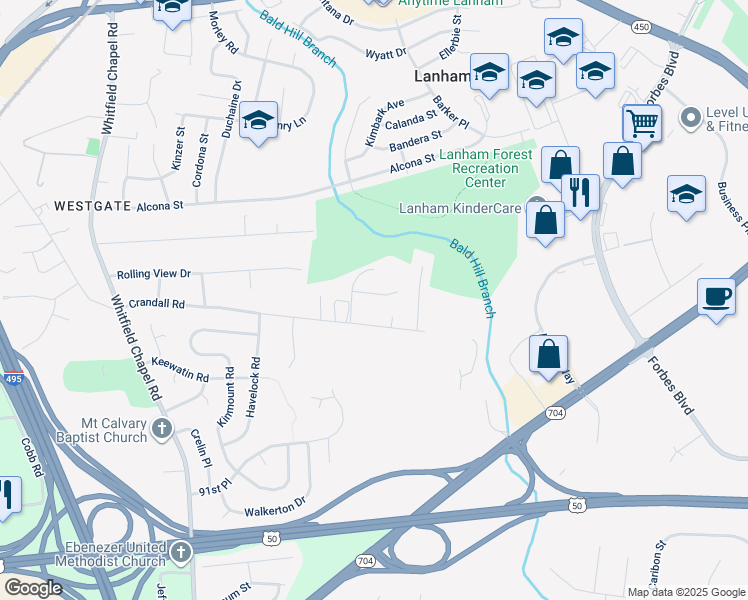 map of restaurants, bars, coffee shops, grocery stores, and more near 9207 Cooks Point Court in Lanham