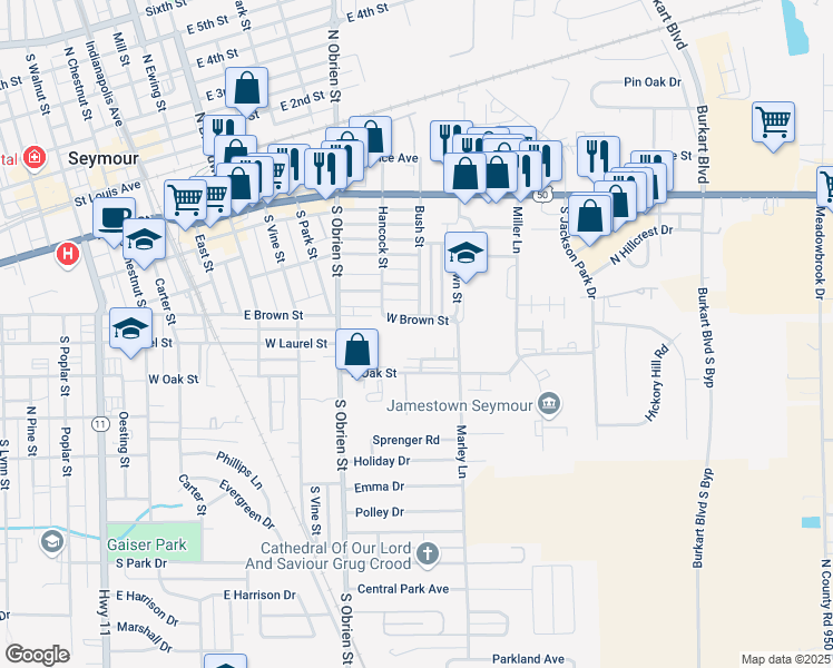 map of restaurants, bars, coffee shops, grocery stores, and more near 700 East Block Brown Street in Seymour