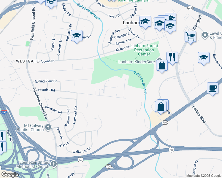 map of restaurants, bars, coffee shops, grocery stores, and more near 9207 Cooks Point Court in Lanham