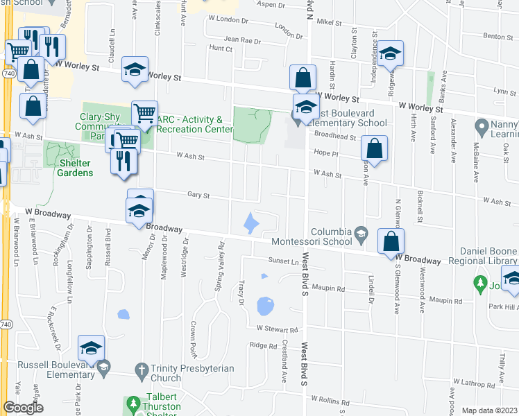 map of restaurants, bars, coffee shops, grocery stores, and more near 1117 West Broadway in Columbia