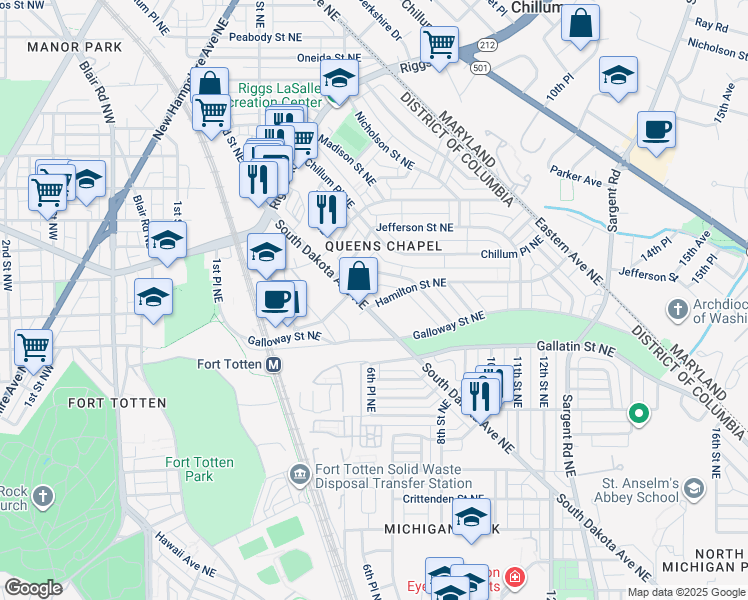 map of restaurants, bars, coffee shops, grocery stores, and more near 500 Hamilton Street Northeast in Washington