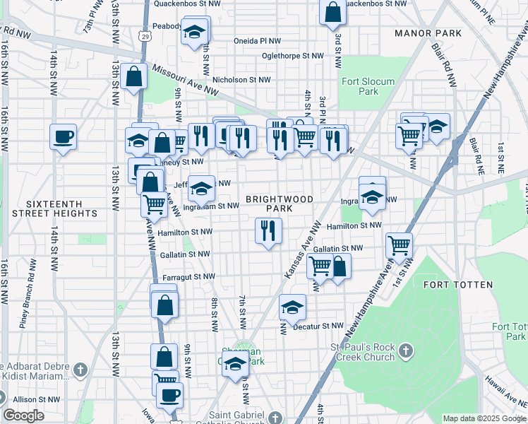 map of restaurants, bars, coffee shops, grocery stores, and more near 518 Ingraham Street Northwest in Washington