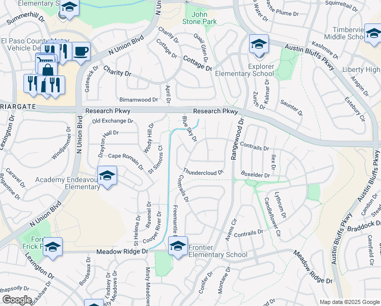 map of restaurants, bars, coffee shops, grocery stores, and more near 4602 Rain Dance Court in Colorado Springs
