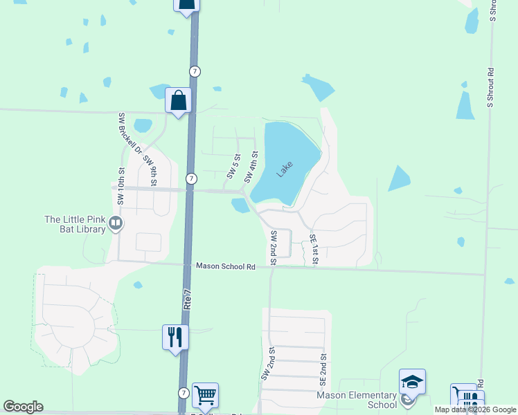 map of restaurants, bars, coffee shops, grocery stores, and more near 121 Southwest Shores Drive in Blue Springs