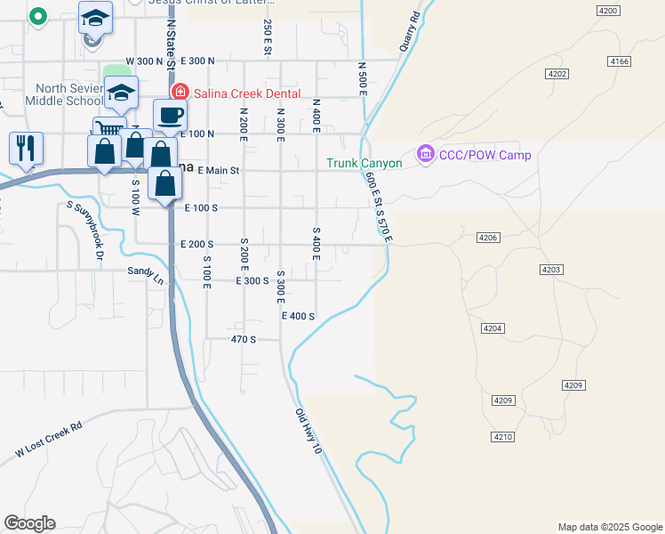 map of restaurants, bars, coffee shops, grocery stores, and more near 499 East 300 South in Salina