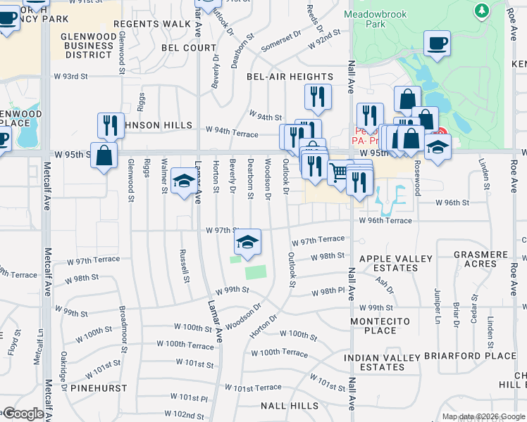 map of restaurants, bars, coffee shops, grocery stores, and more near 9636 Woodson Drive in Overland Park