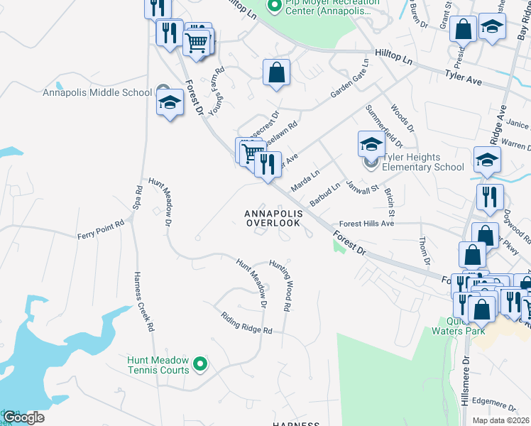 map of restaurants, bars, coffee shops, grocery stores, and more near 10 Hearthstone Court in Annapolis