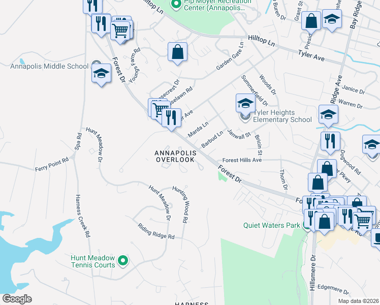 map of restaurants, bars, coffee shops, grocery stores, and more near 10 Greystone Court in Annapolis