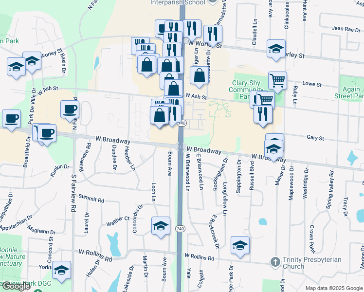 map of restaurants, bars, coffee shops, grocery stores, and more near West Broadway in Columbia