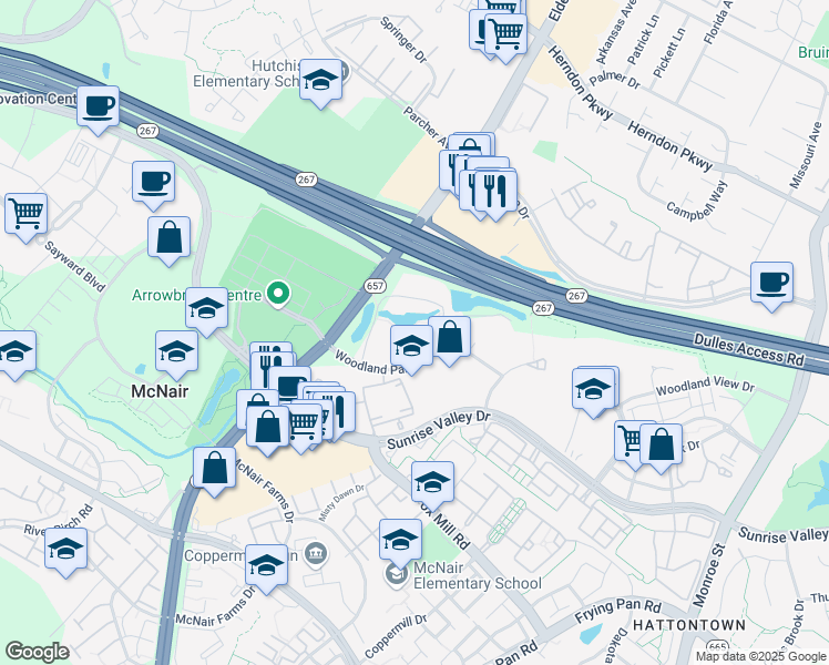 map of restaurants, bars, coffee shops, grocery stores, and more near 13229 Lake Waterview Way in Herndon