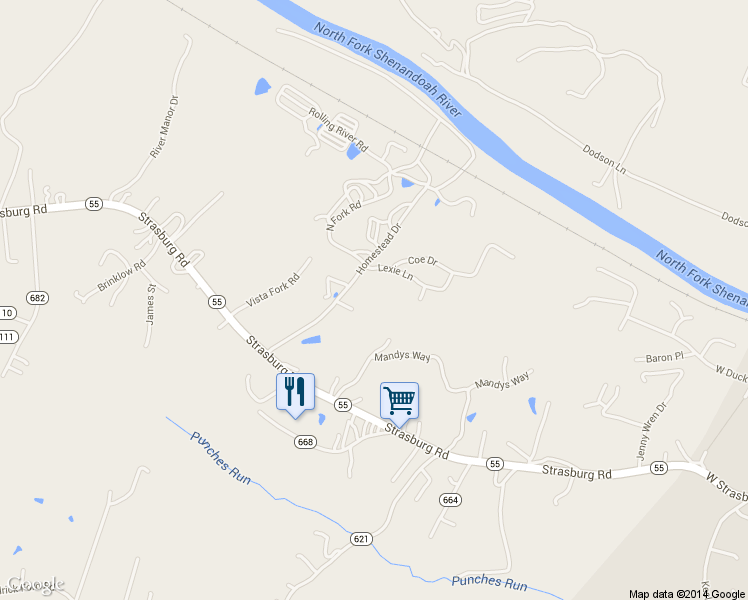 map of restaurants, bars, coffee shops, grocery stores, and more near 252 Homestead Drive in Front Royal