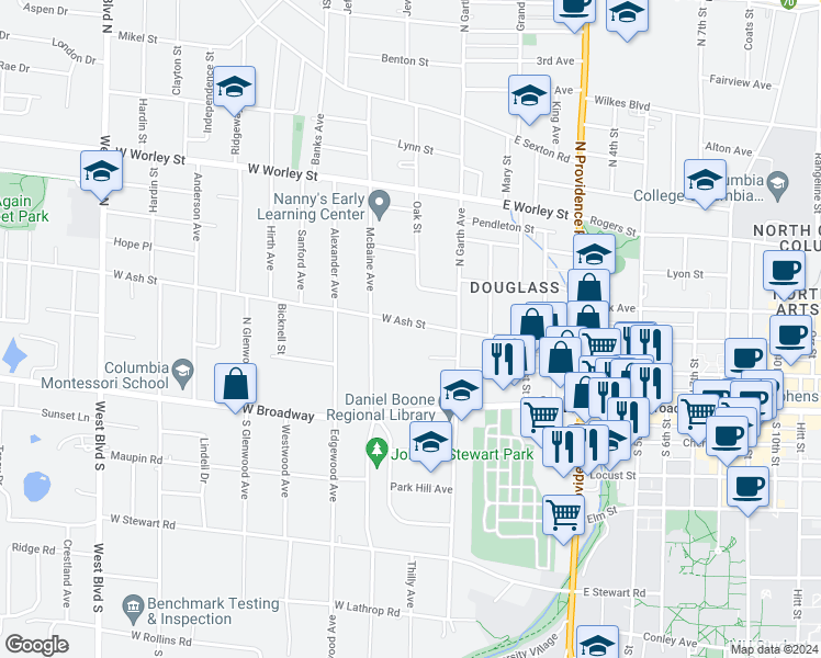 map of restaurants, bars, coffee shops, grocery stores, and more near 120 West Ash Street in Columbia