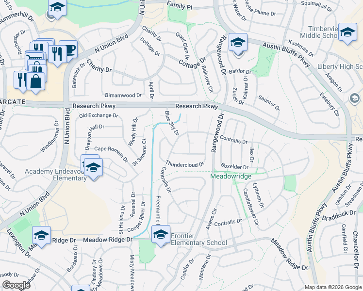 map of restaurants, bars, coffee shops, grocery stores, and more near 3840 Weather Vane Drive in Colorado Springs