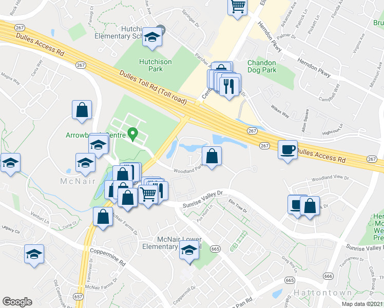 map of restaurants, bars, coffee shops, grocery stores, and more near Woodland Pond Place in Herndon