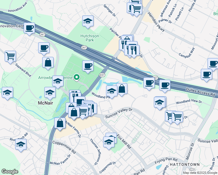 map of restaurants, bars, coffee shops, grocery stores, and more near 13248 Woodland Pond Place in Herndon